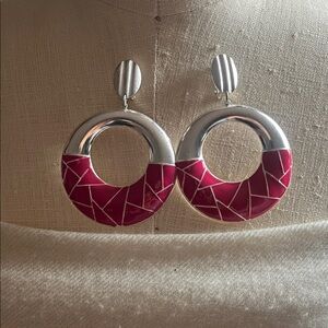 Silver and Fuchsia Hoop Drop Earrings - Women Jewelry